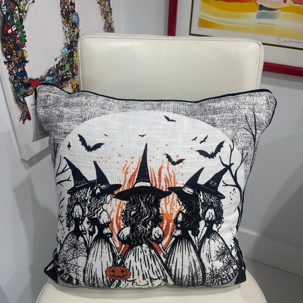Haunted Lane Halloween Cream/Black/Orange "Witches" Throw Pillow